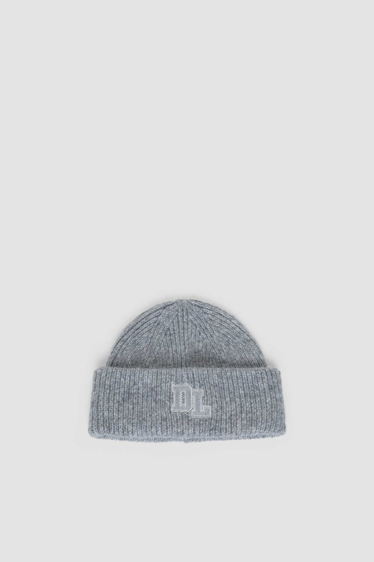 Grey rib knit D-luxe Kellie Beanie with folded cuff featuring subtle DL embroidery for a cozy, stylish finish.