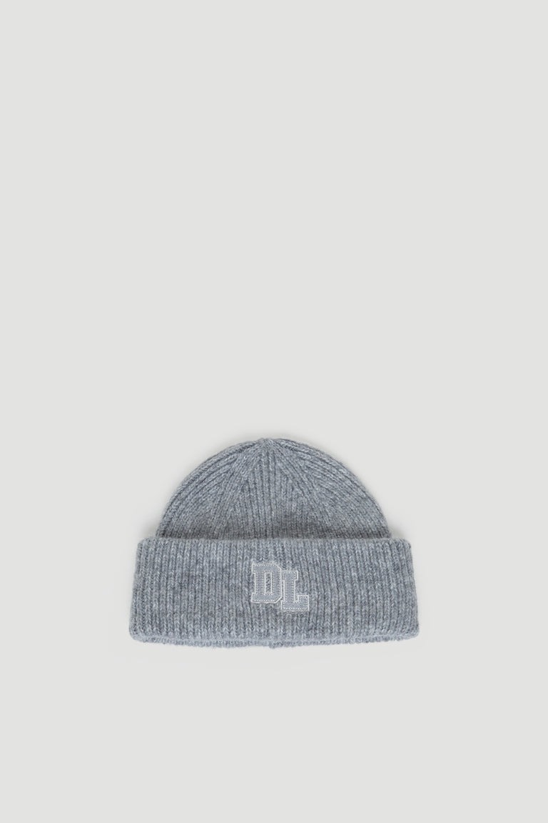 Grey rib knit D-luxe Kellie Beanie with folded cuff featuring subtle DL embroidery for a cozy, stylish finish.