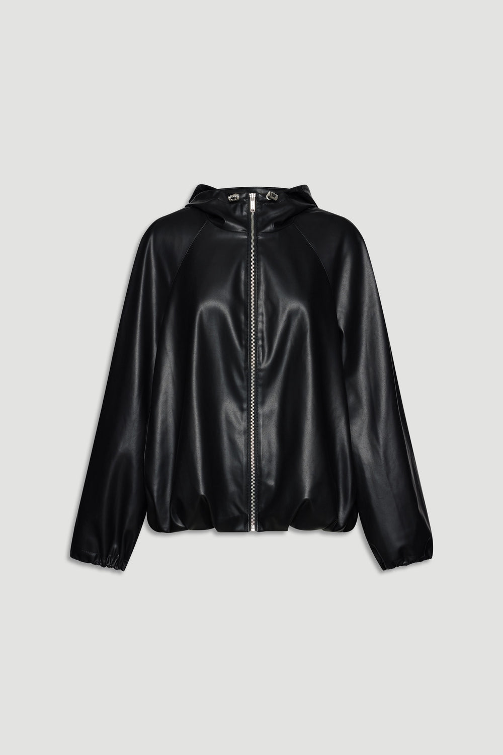 Black faux leather bomber jacket with hood, front zipper, and elasticated cuffs for sleek, modern layering.