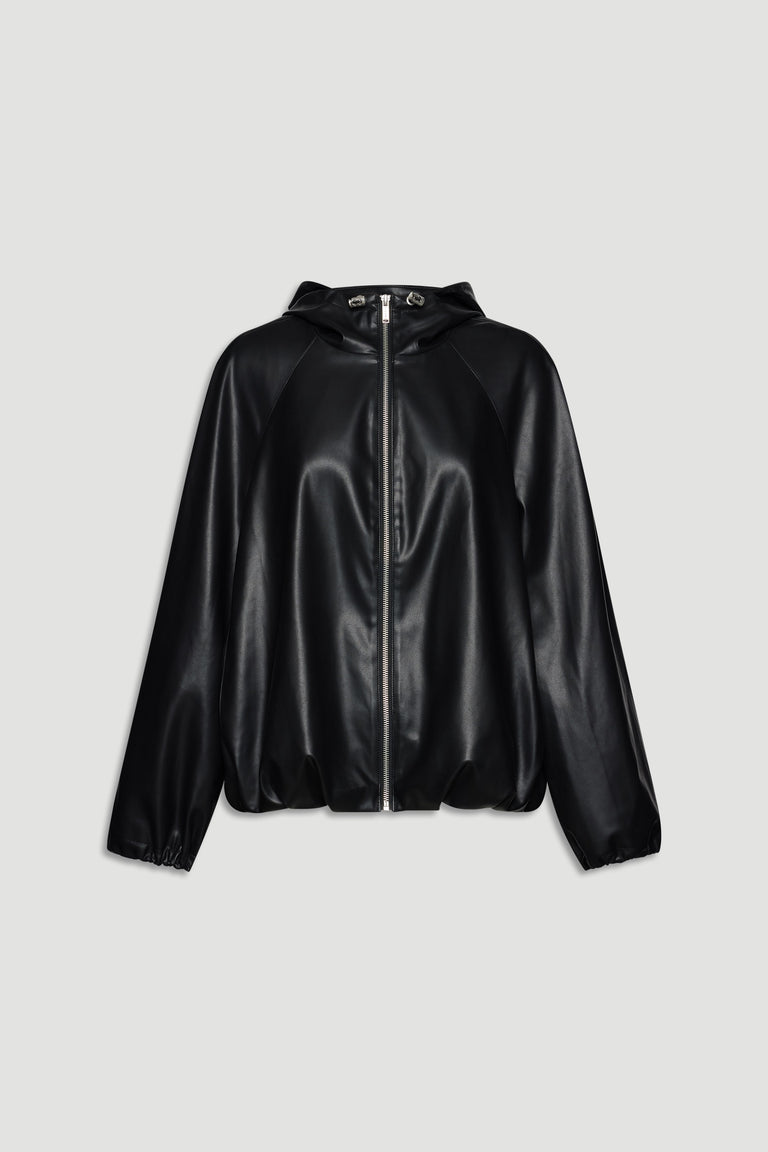 Black faux leather bomber jacket with hood, front zipper, and elasticated cuffs for sleek, modern layering.