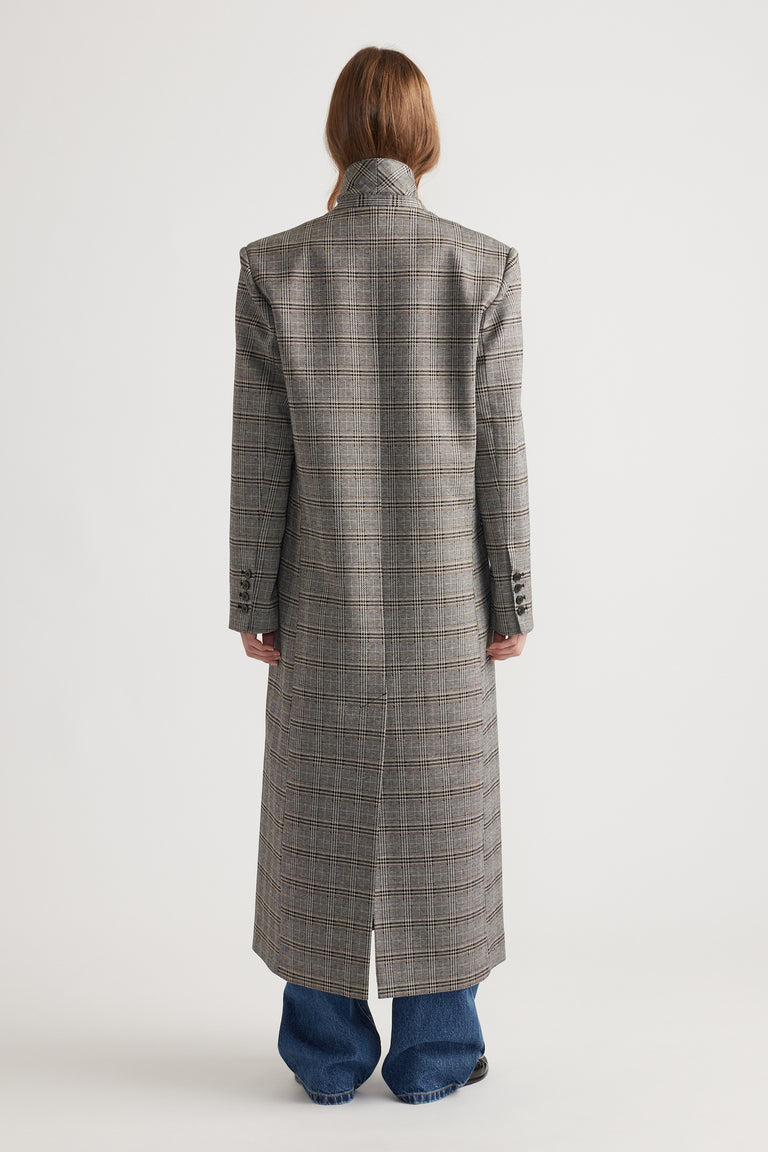 Back view of Ella Blazer Coat in checked fabric with structured shoulders and long straight fit by DECJUBA
