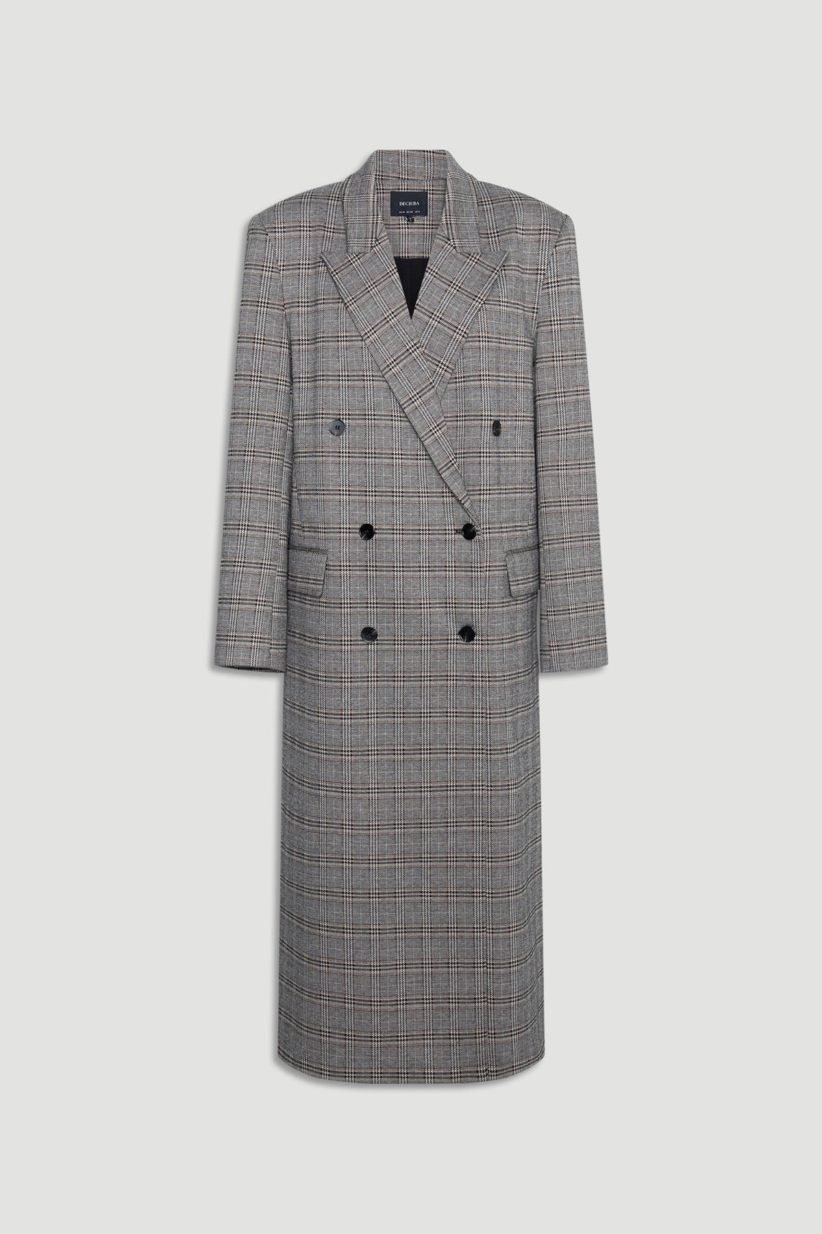 Ella Blazer Coat in a classic checked pattern with double-breasted buttons and structured lapels by DECJUBA