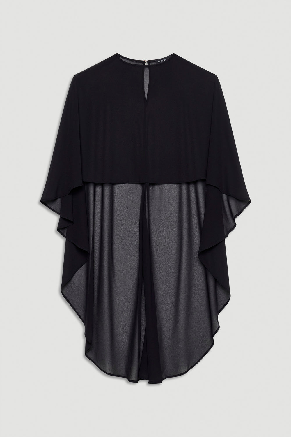 Black georgette top with flowing cape sleeves and a relaxed, sheer overlay for elegant layering.