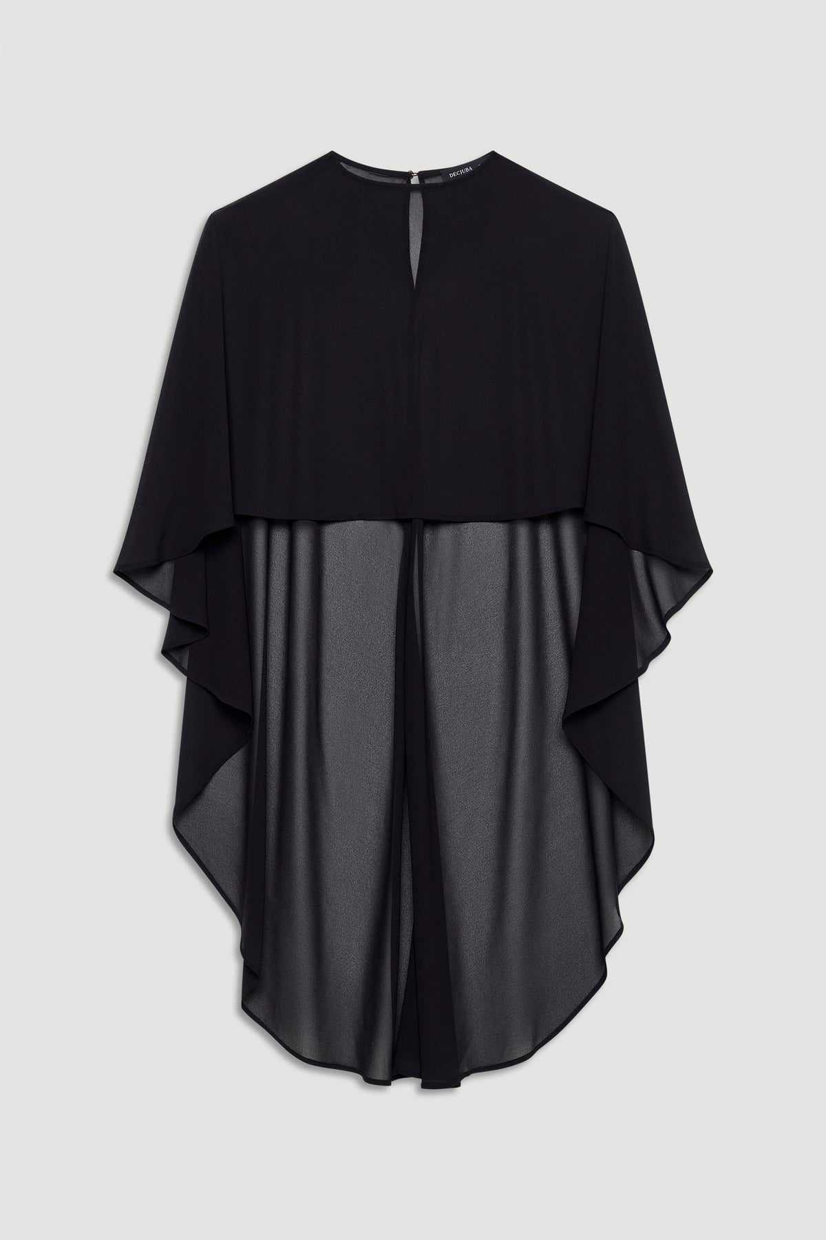 Black georgette top with flowing cape sleeves and a relaxed, sheer overlay for elegant layering.