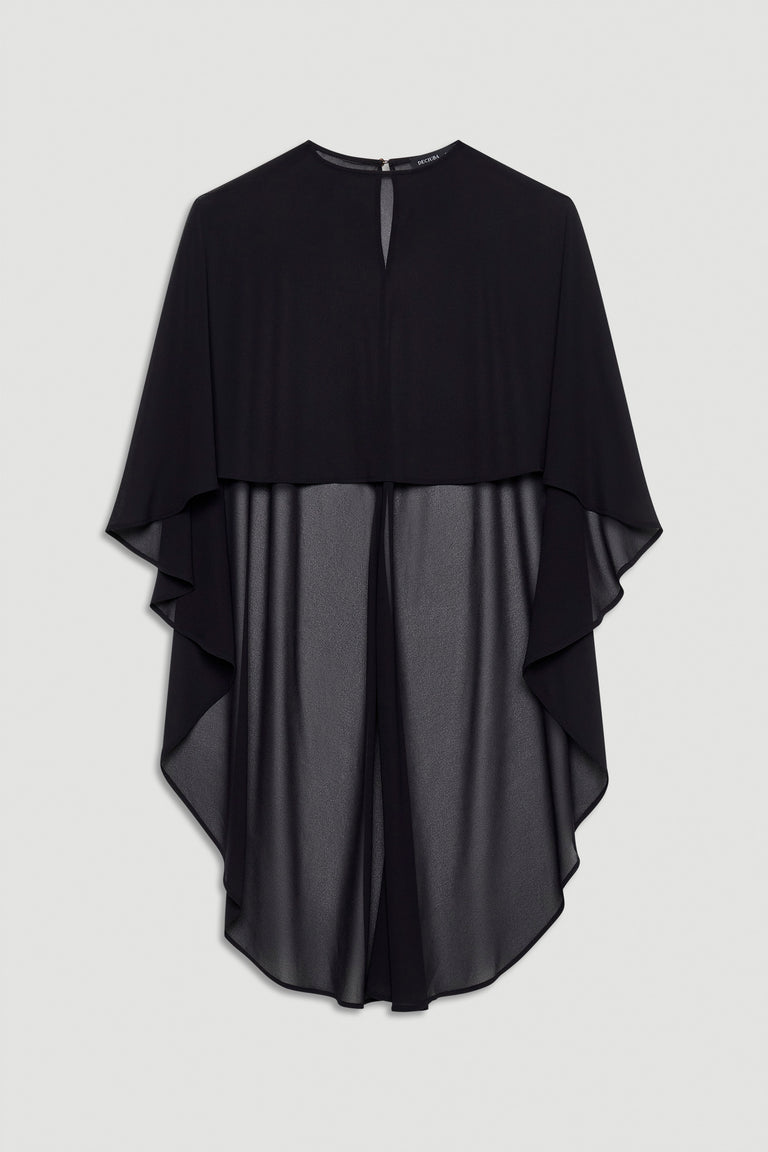 Black georgette top with flowing cape sleeves and a relaxed, sheer overlay for elegant layering.