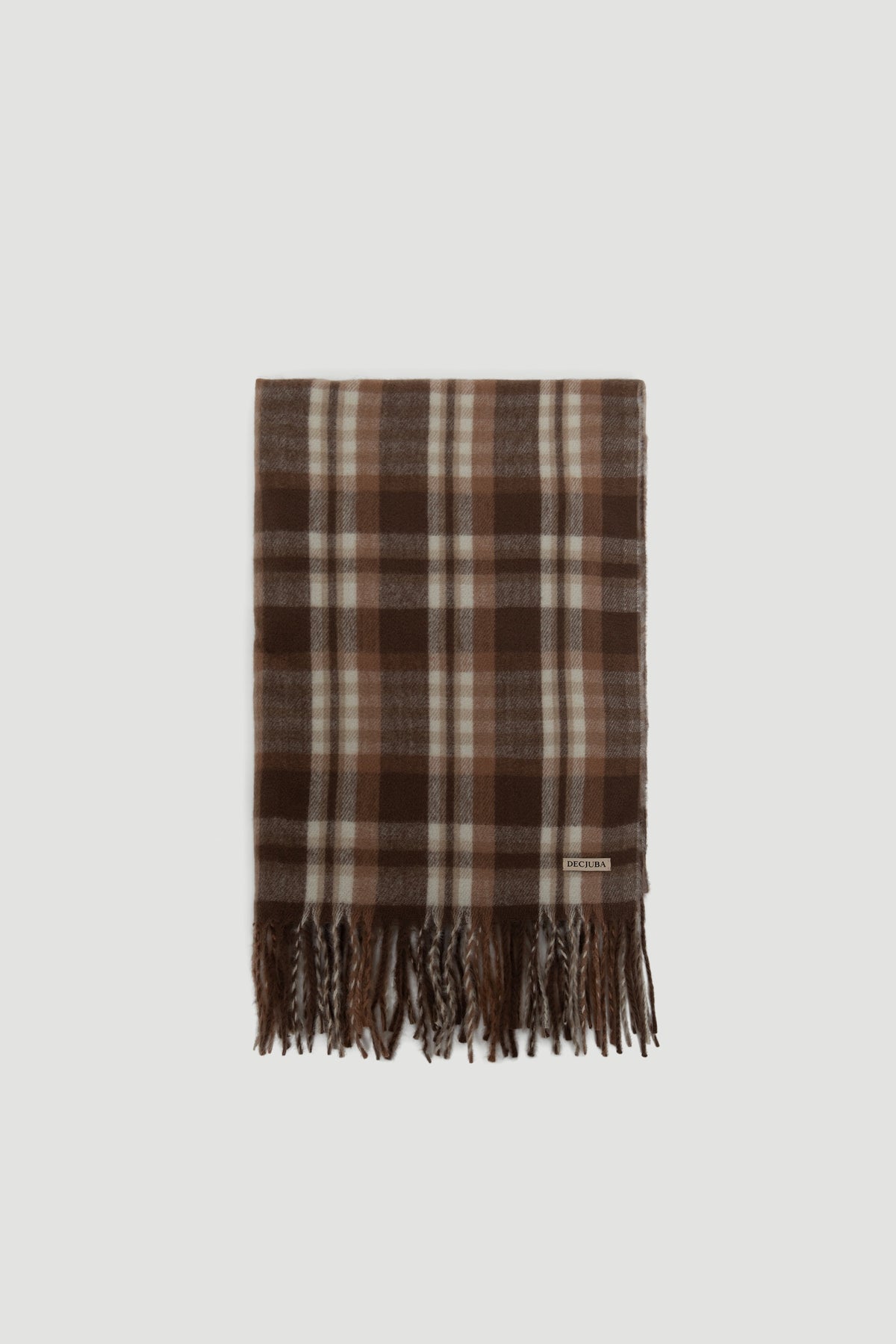 Brown and beige checked scarf with fringed edges, showcasing a soft textured pattern for cozy, stylish layering.