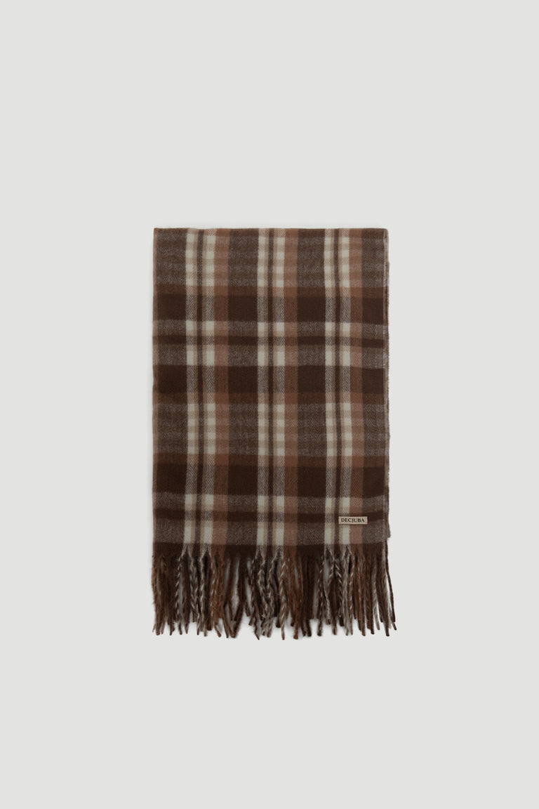Brown and beige checked scarf with fringed edges, showcasing a soft textured pattern for cozy, stylish layering.