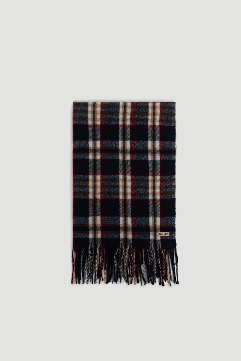 Folded checkered scarf in navy, burgundy, and beige tones with fringed edges and subtle brand tag.