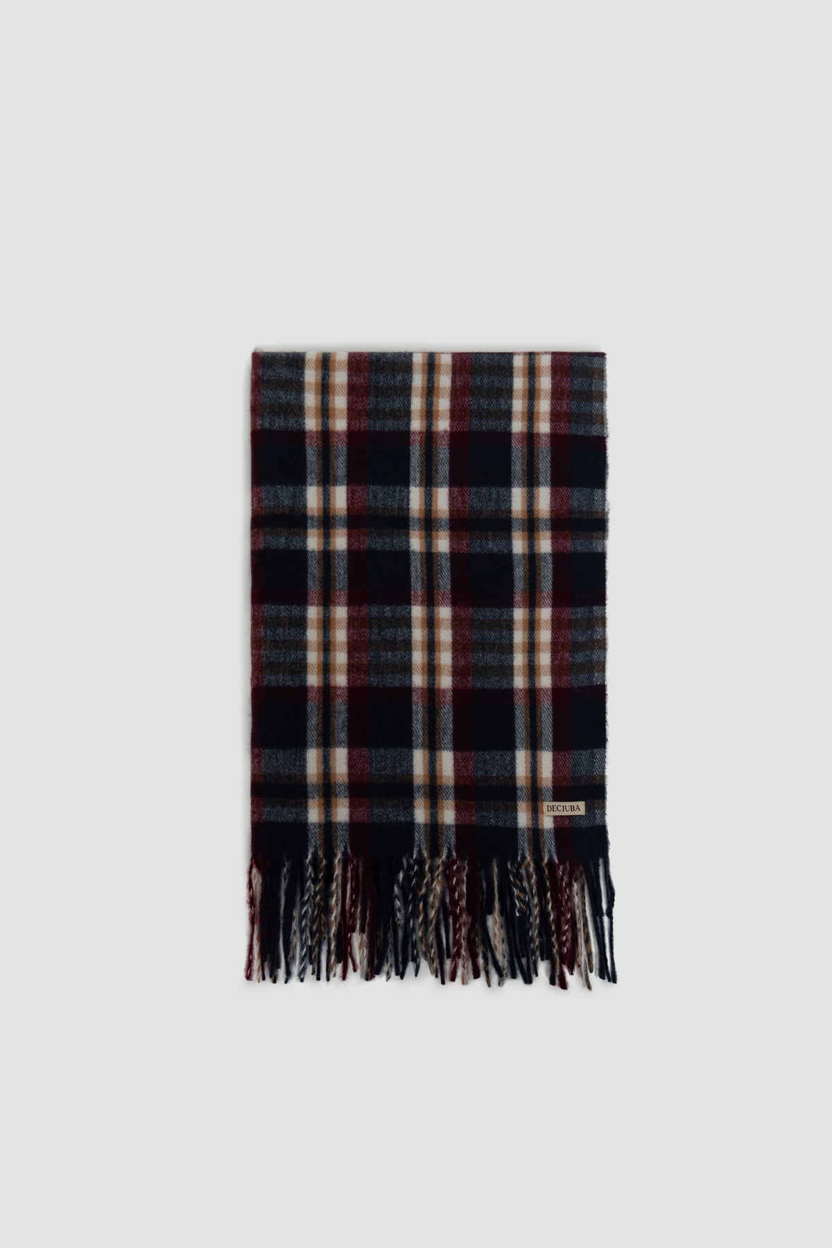 Folded checkered scarf in navy, burgundy, and beige tones with fringed edges and subtle brand tag.