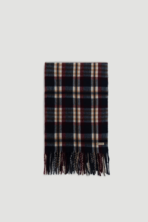 Folded checkered scarf in navy, burgundy, and beige tones with fringed edges and subtle brand tag.