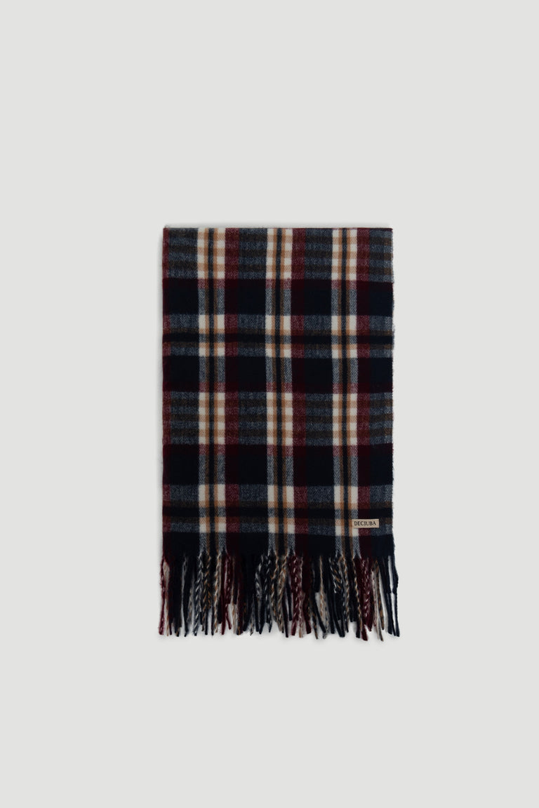 Folded checkered scarf in navy, burgundy, and beige tones with fringed edges and subtle brand tag.