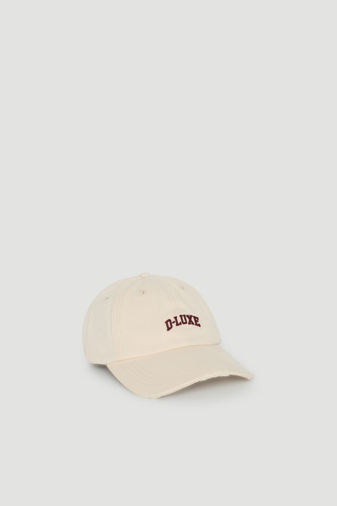 D-Luxe Lana Distressed Cap in 100% cotton with relaxed fit and embroidered logo by DECJUBA Australian fashion brand.