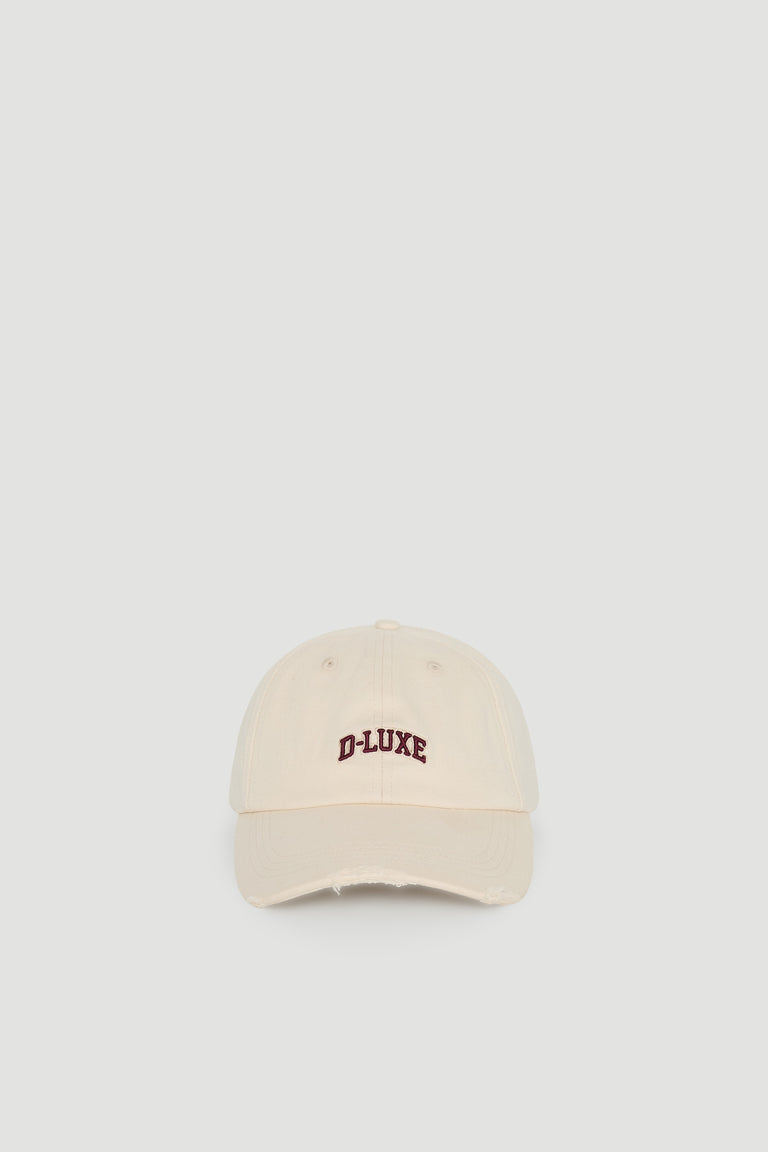 D-Luxe Lana Distressed Cap in 100% cotton with relaxed fit and embroidered D-LUXE logo by DECJUBA Australian fashion brand.