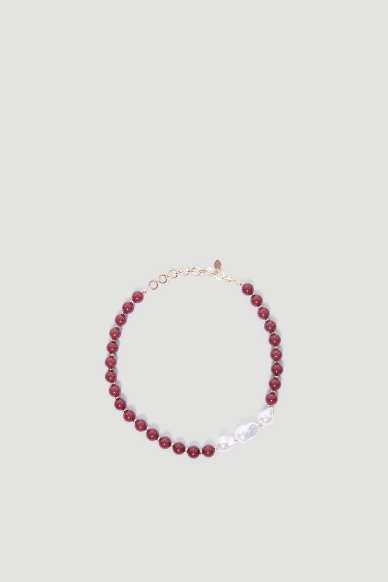 Mia Beaded Necklace featuring deep plum beads and irregular white pearls with a gold-tone adjustable clasp by DECJUBA.