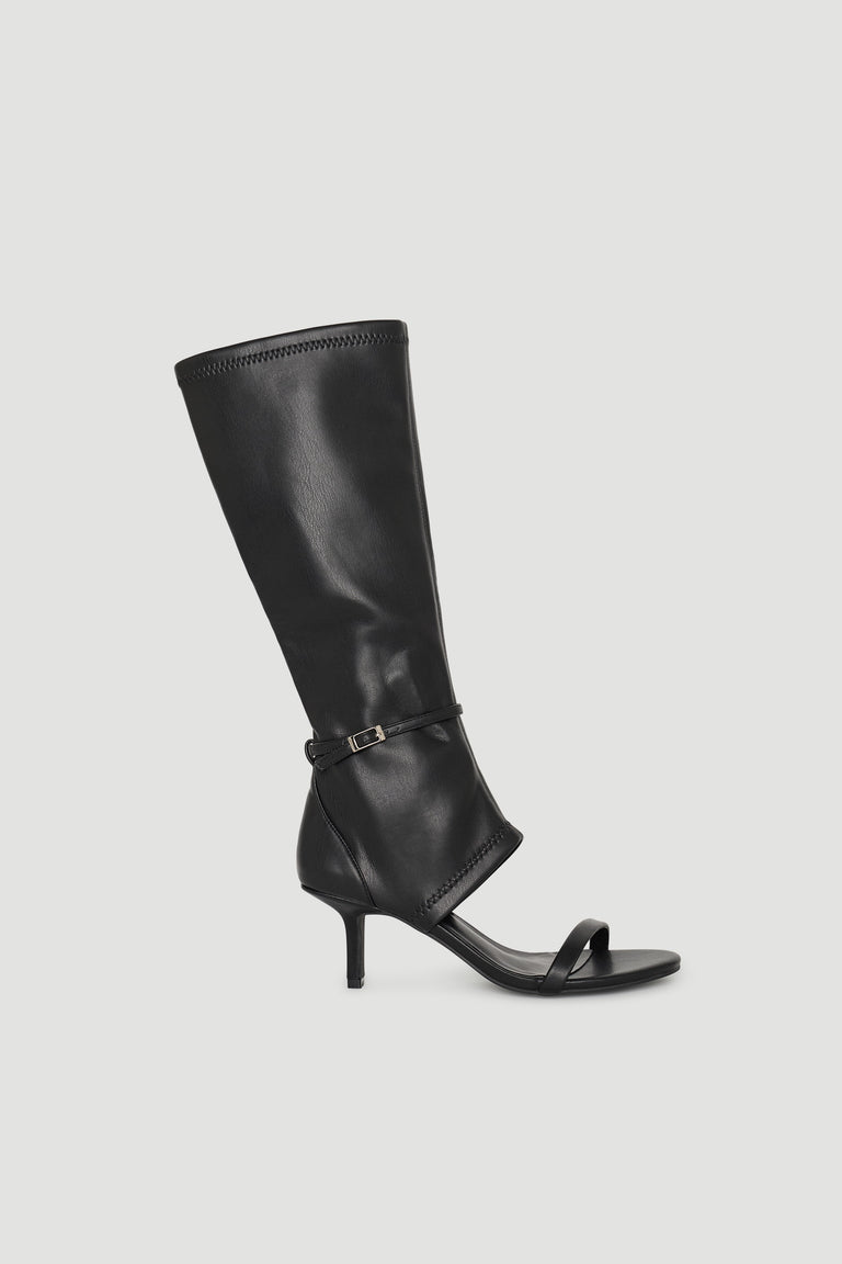 Black Heather Buckle Detail Heel with knee-high shaft, ankle strap, and slim mid-height heel for stylish evening wear by DECJUBA