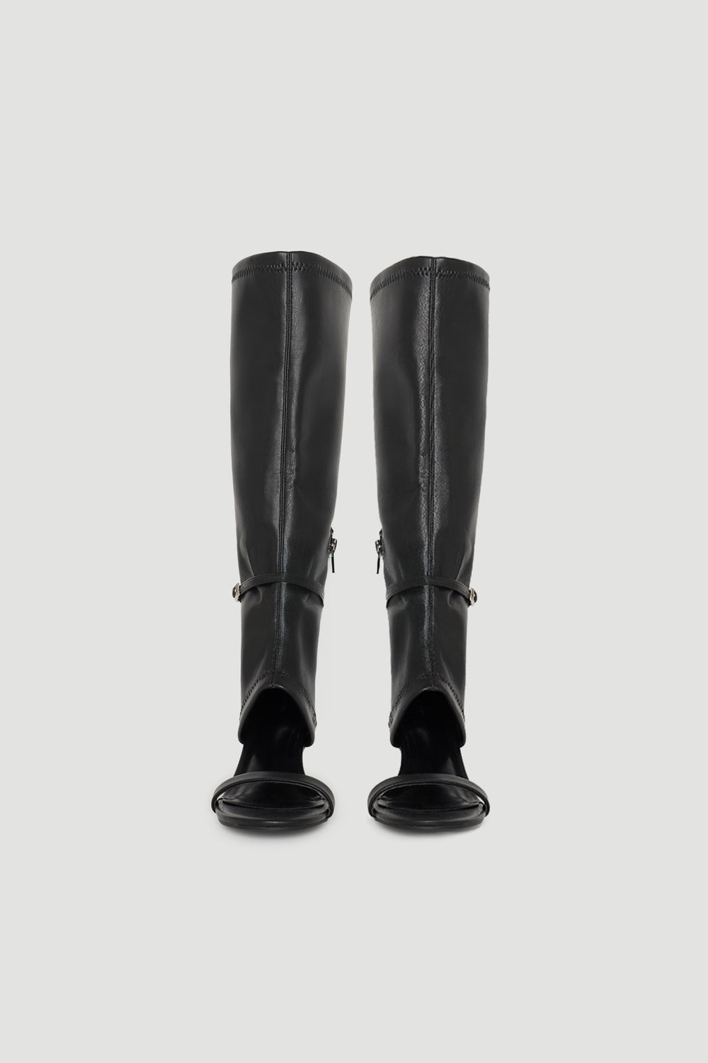 Front view of black Heather Buckle Detail Heel boots with sleek leather finish and adjustable buckle strap at the ankle