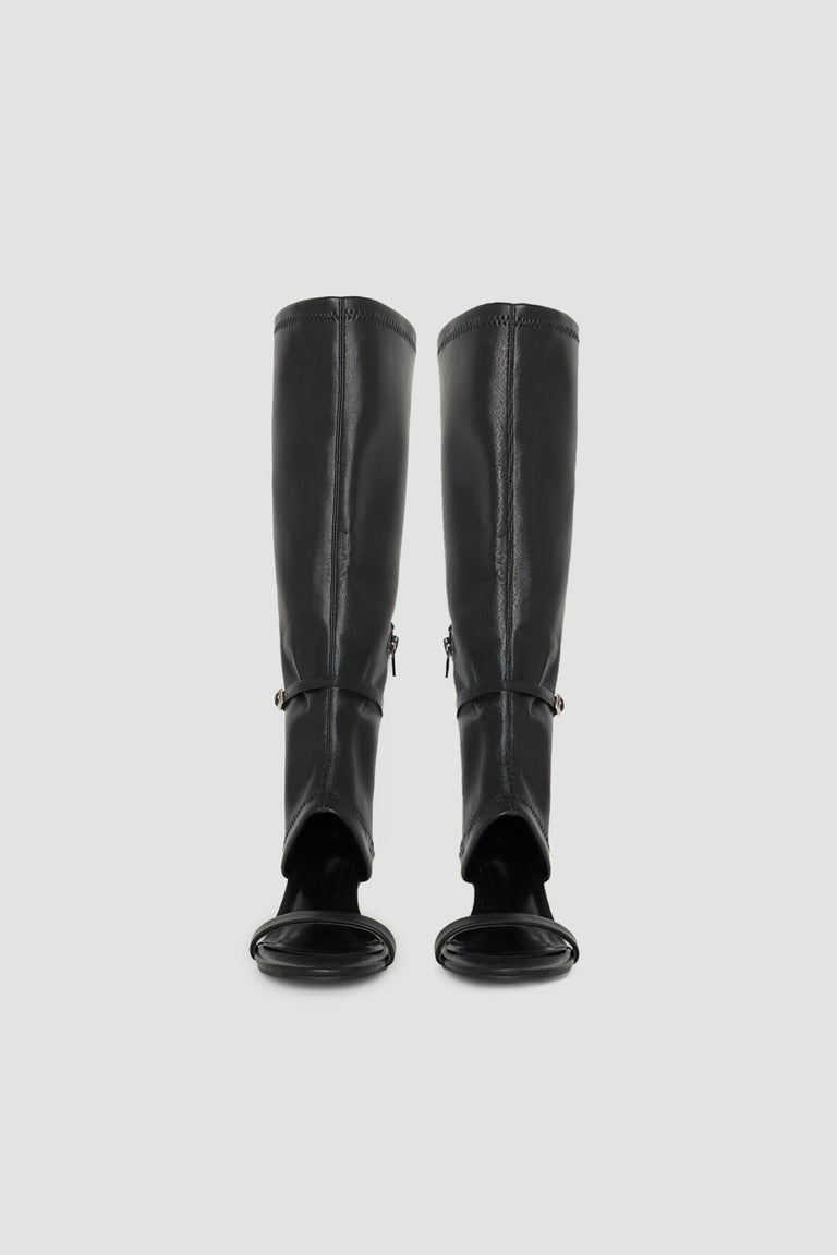 Front view of black Heather Buckle Detail Heel boots with sleek leather finish and adjustable buckle strap at the ankle