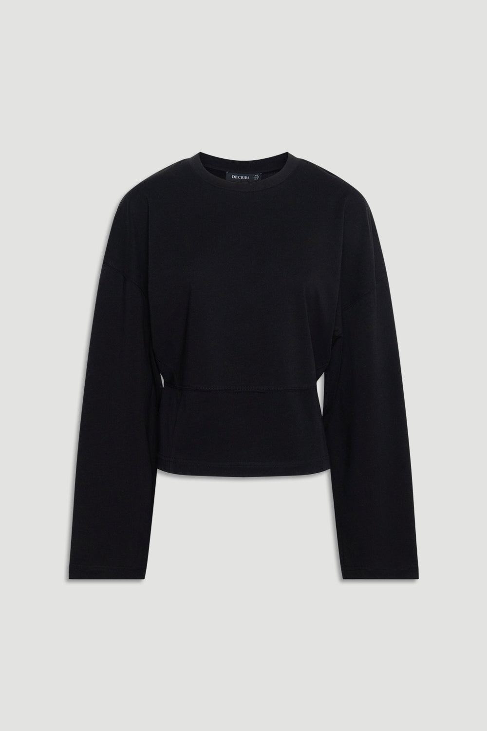 Black long sleeve top with a relaxed fit, subtle waist detailing, and a classic crew neckline for versatile styling