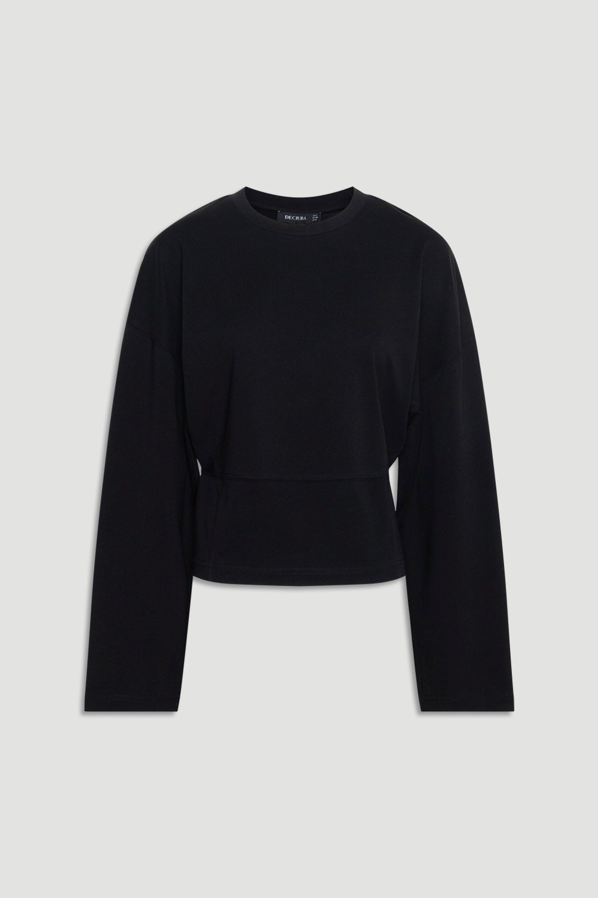Black long sleeve top with a relaxed fit, subtle waist detailing, and a classic crew neckline for versatile styling