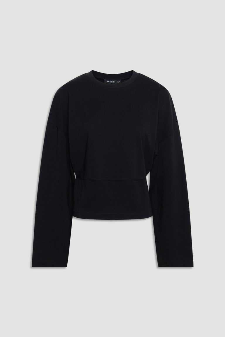 Black long sleeve top with a relaxed fit, subtle waist detailing, and a classic crew neckline for versatile styling