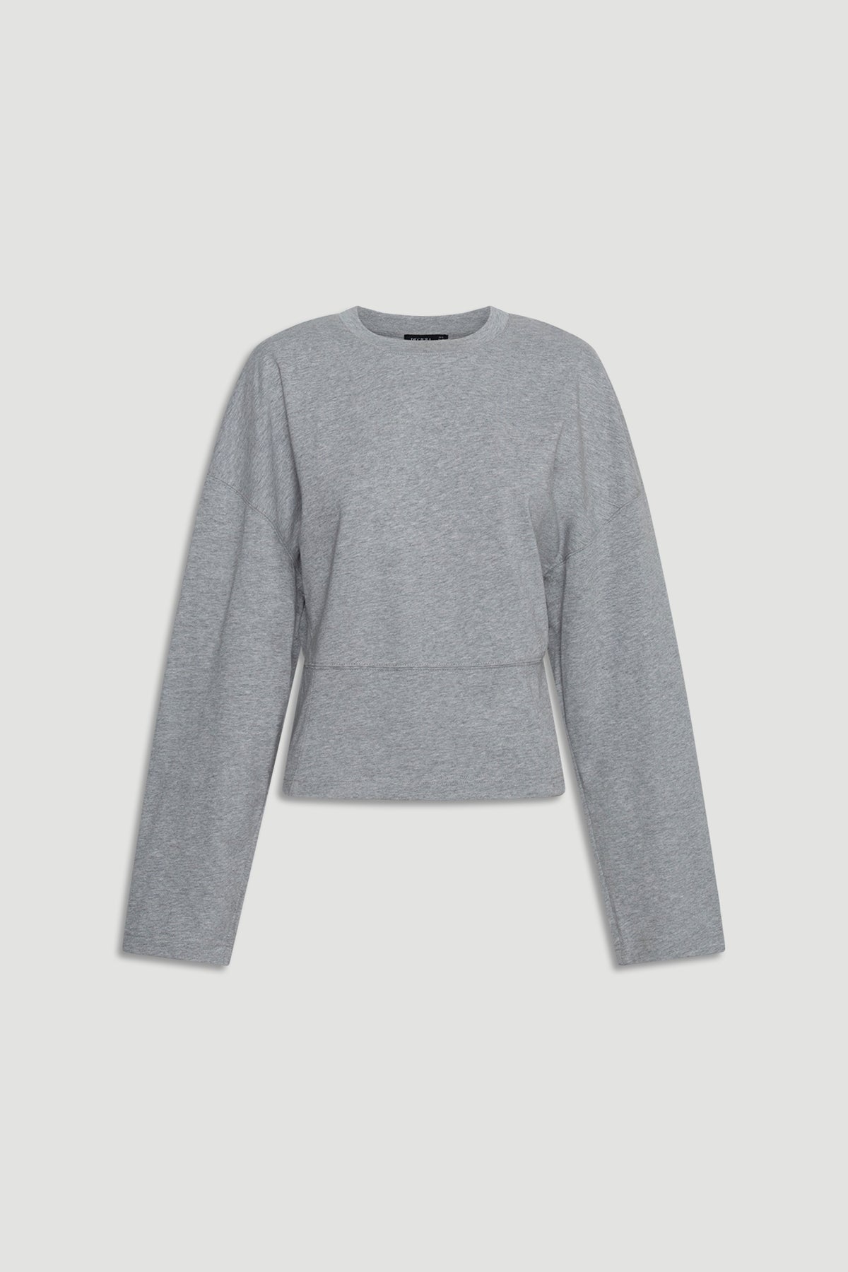 Soft grey long sleeve top with subtle seam detailing and a relaxed, slightly cropped fit for everyday wear