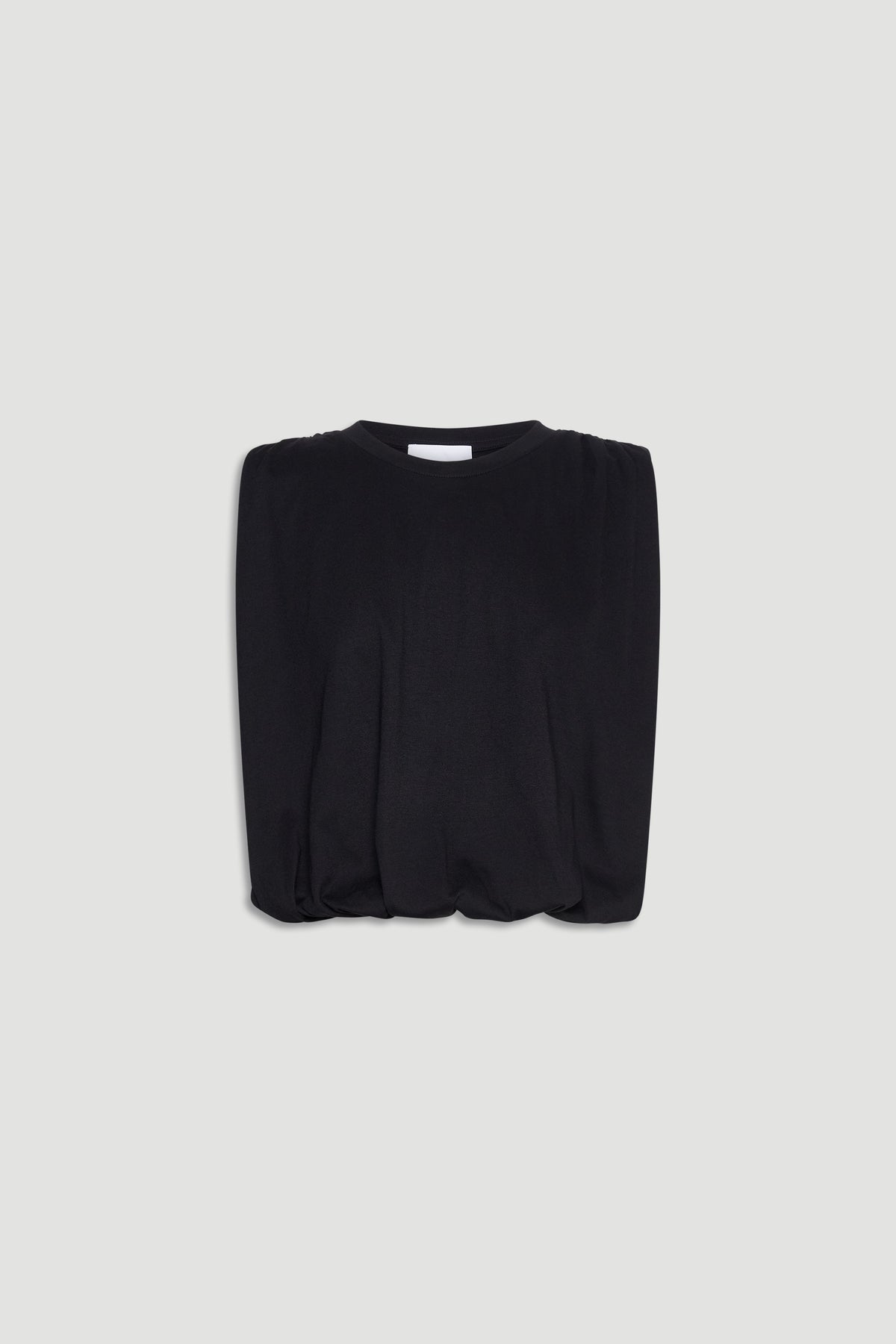 Black sleeveless top with gathered shoulder detail and a softly ruched hem for a modern, versatile look