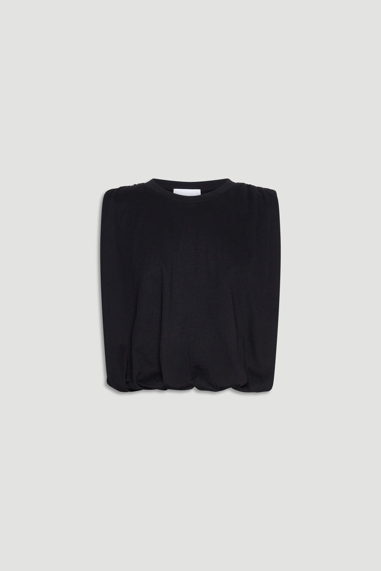 Black sleeveless top with gathered shoulder detail and a softly ruched hem for a modern, versatile look
