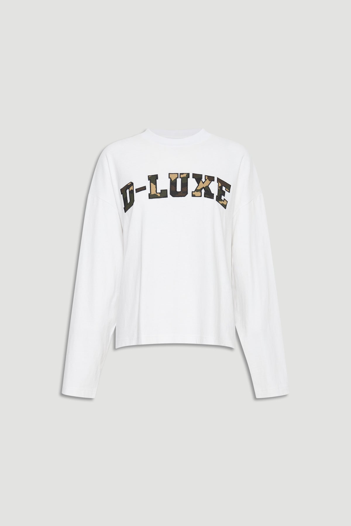 White long sleeve tee featuring bold D-LUXE lettering in camo print across the chest for casual style.
