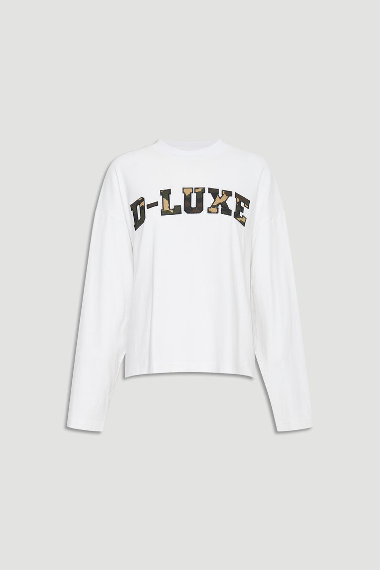 White long sleeve tee featuring bold D-LUXE lettering in camo print across the chest for casual style.