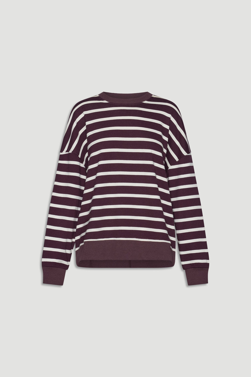 Long-sleeve striped sweatshirt in deep plum and white with a relaxed, casual fit and ribbed cuffs and hem