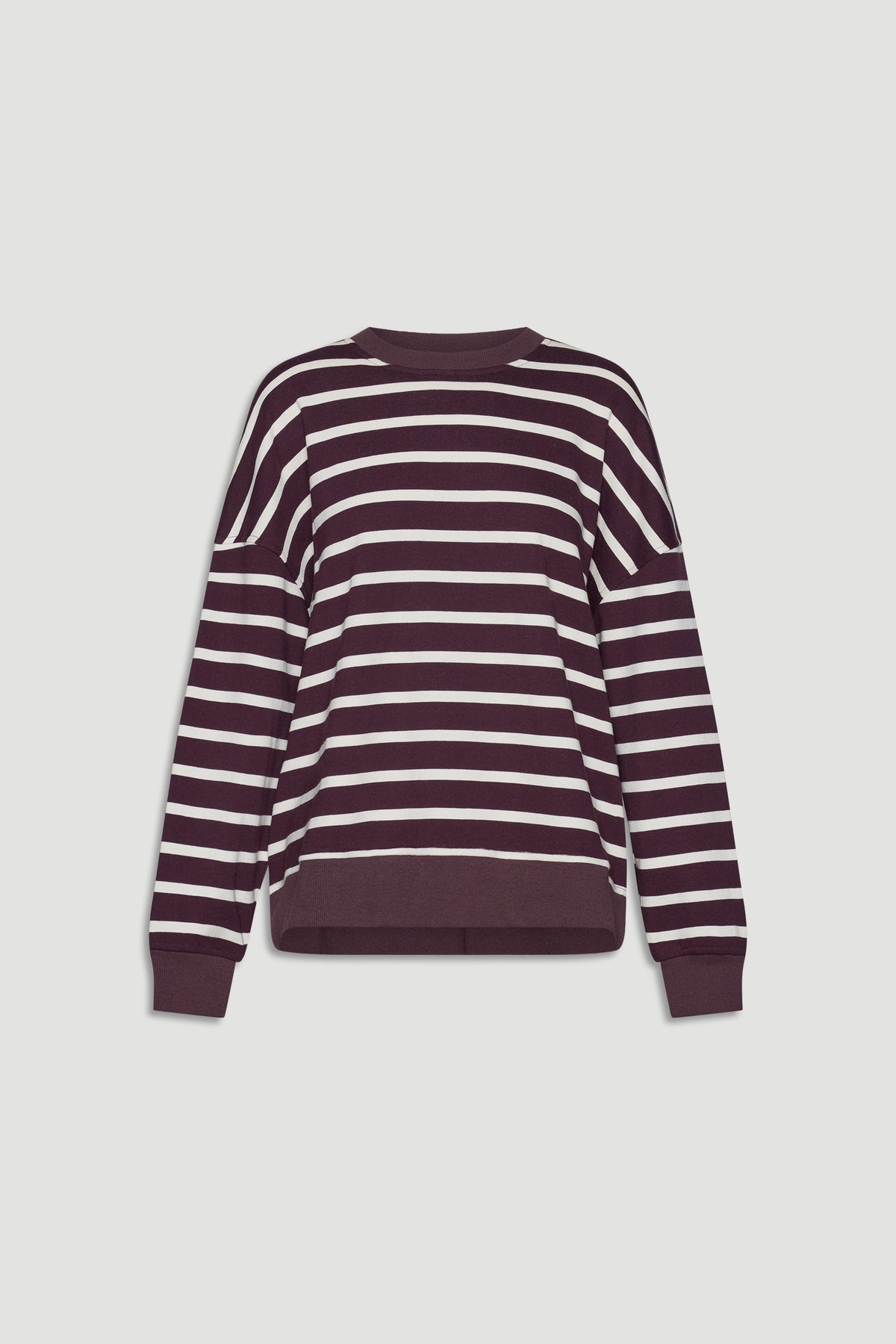 Long-sleeve striped sweatshirt in deep plum and white with a relaxed, casual fit and ribbed cuffs and hem