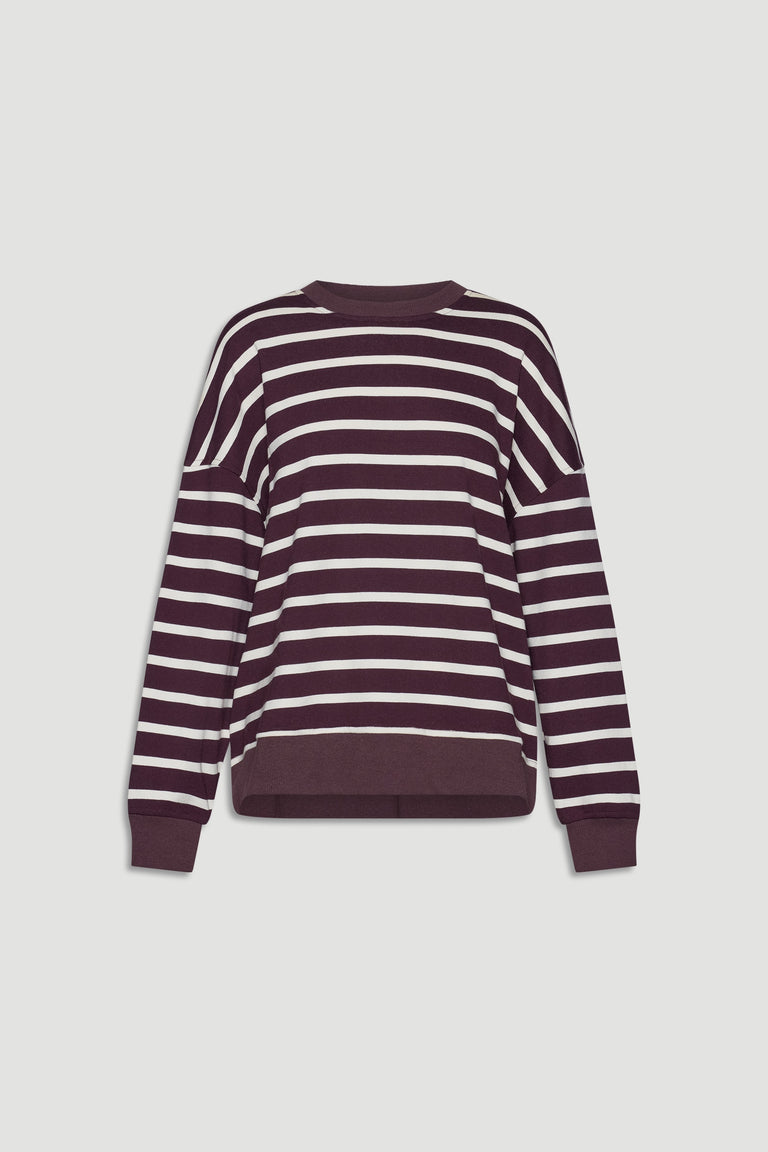 Long-sleeve striped sweatshirt in deep plum and white with a relaxed, casual fit and ribbed cuffs and hem