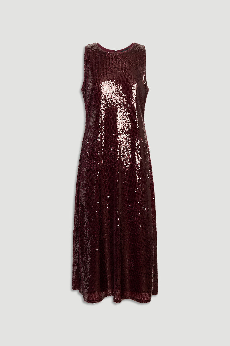 Sleeveless midi dress in deep plum covered with shimmering sequins for an elegant, standout evening look