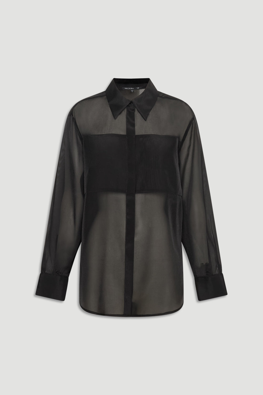 Black sheer organza shirt with classic collar, long sleeves, and concealed front buttons for a sleek look
