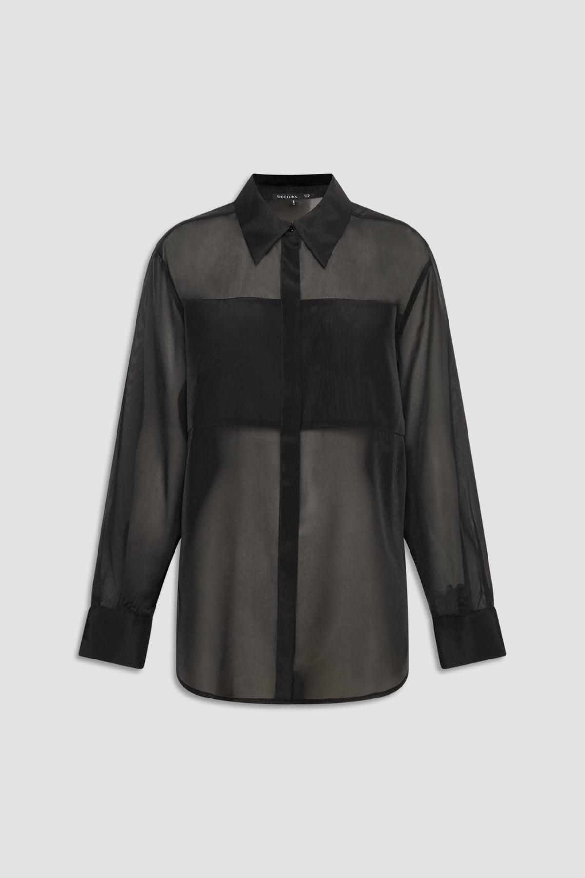 Black sheer organza shirt with classic collar, long sleeves, and concealed front buttons for a sleek look