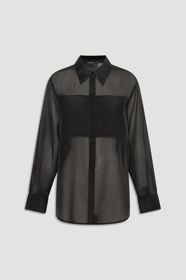 Black sheer organza shirt with classic collar, long sleeves, and concealed front buttons for a sleek look