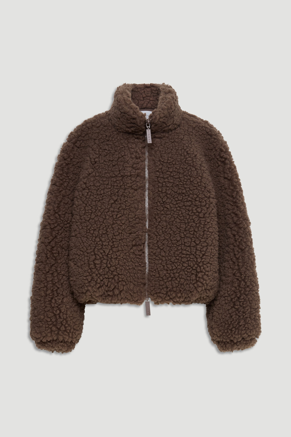 Toffee brown sherpa bomber jacket with a soft, textured finish and high collar for cozy warmth and effortless style
