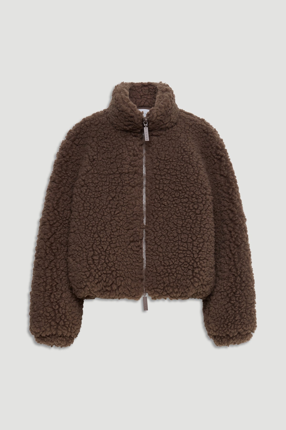 Toffee brown sherpa bomber jacket with a soft, textured finish and high collar for cozy warmth and effortless style