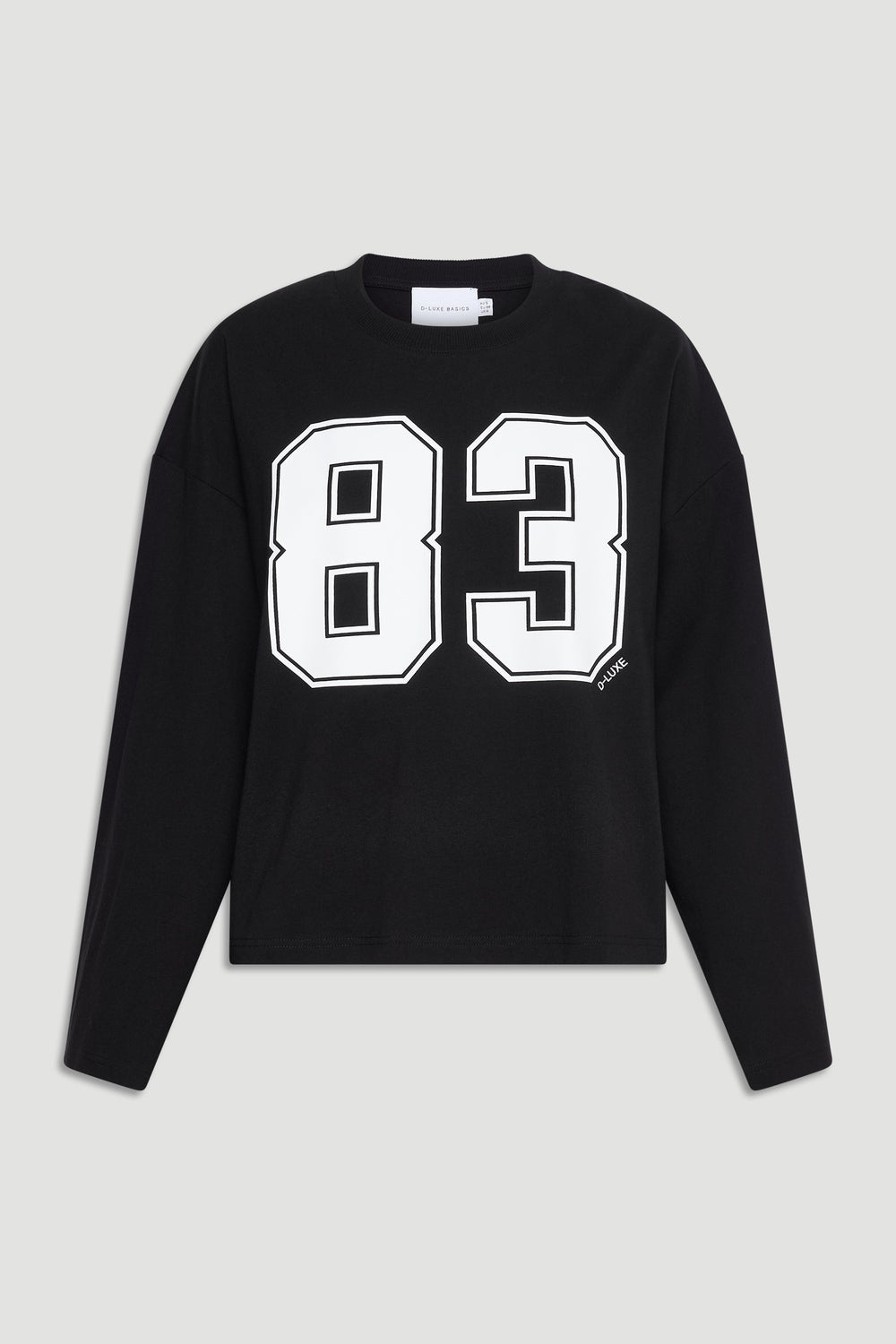 Black long sleeve tee with bold white number 83 print and a relaxed, casual fit.