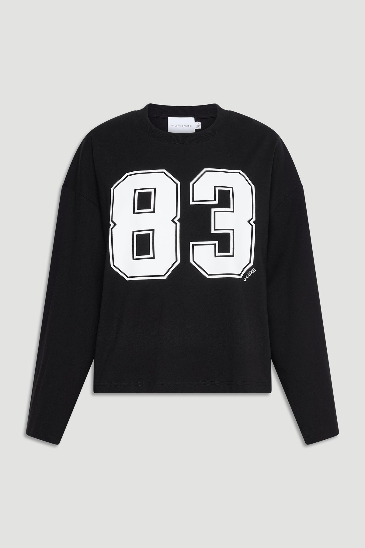 Black long sleeve tee with bold white number 83 print and a relaxed, casual fit.