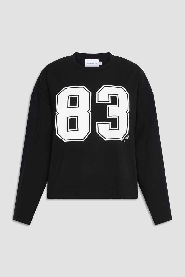 Black long sleeve tee with bold white number 83 print and a relaxed, casual fit.