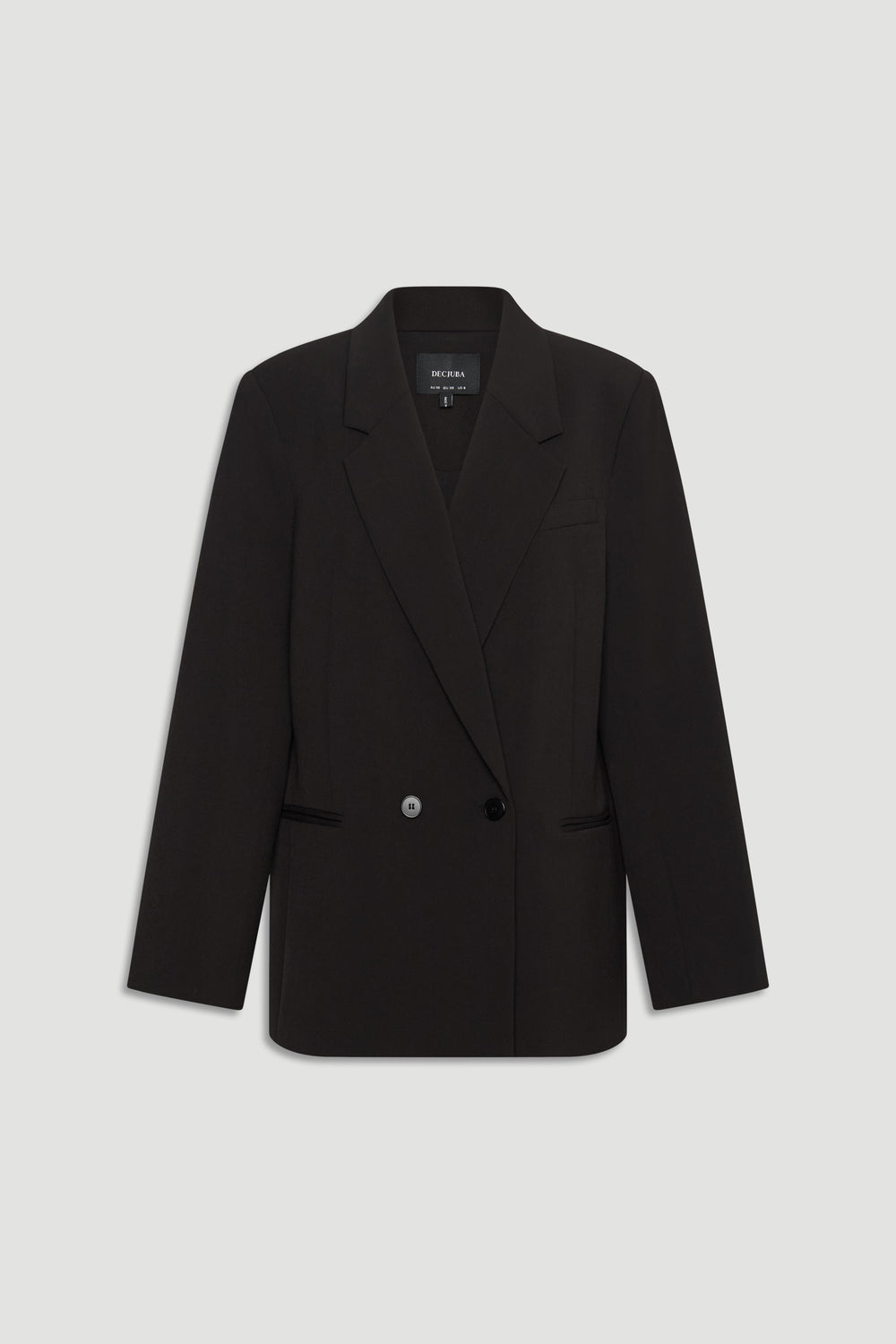 Black tailored blazer with notch lapels, double-button front, and long sleeves on a light background