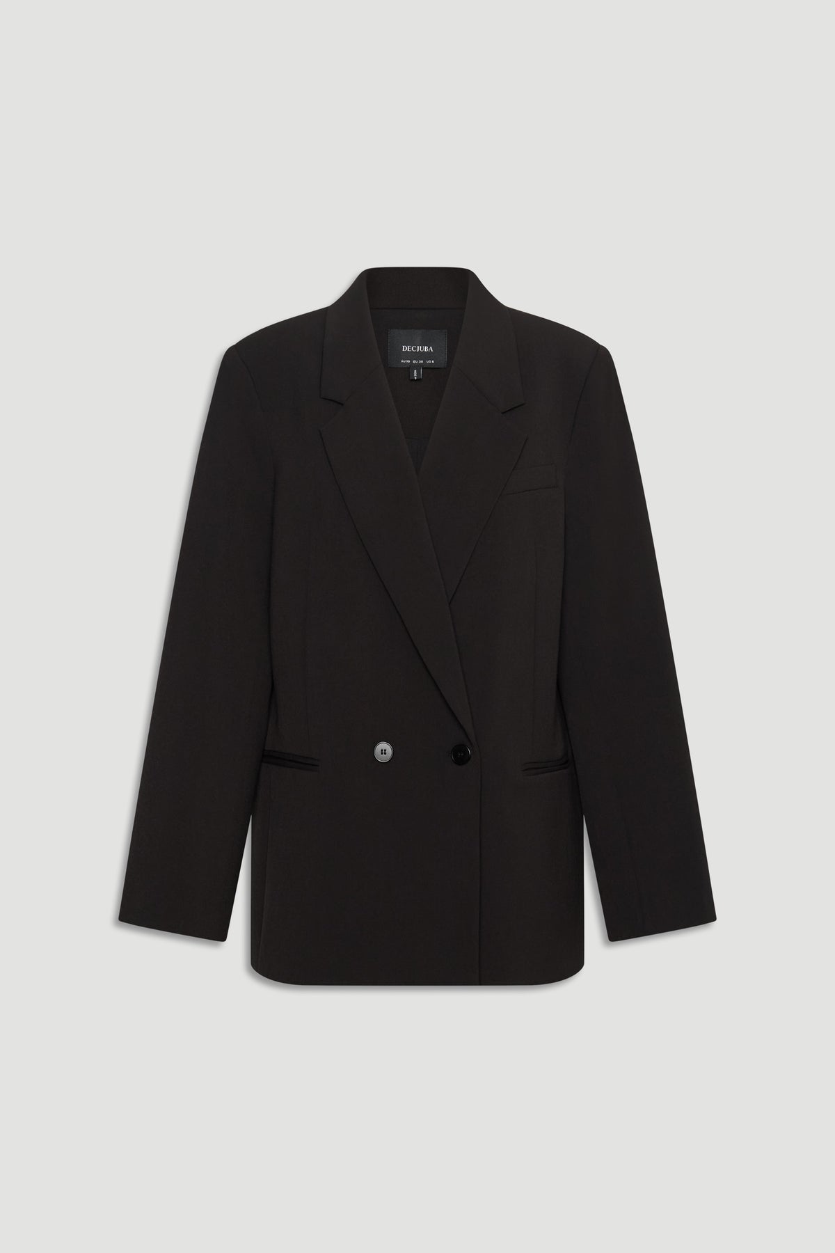Black tailored blazer with notch lapels, double-button front, and long sleeves on a light background