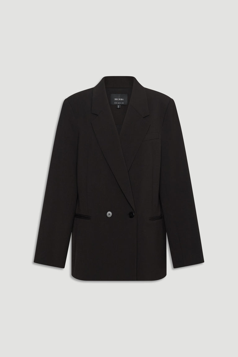 Black tailored blazer with notch lapels, double-button front, and long sleeves on a light background