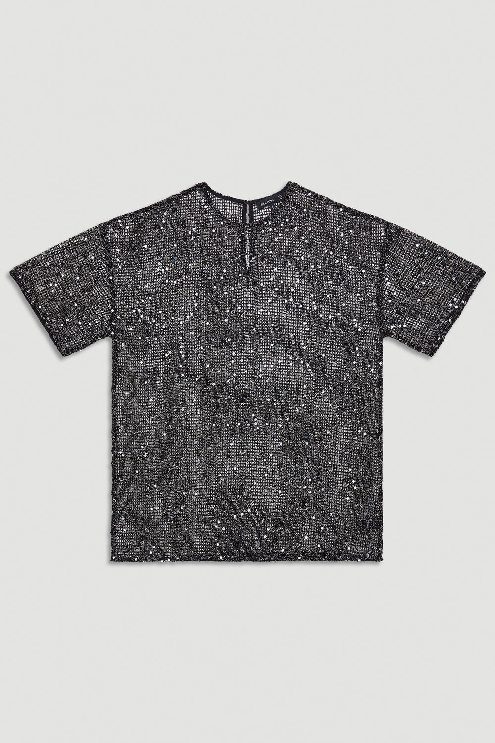Short-sleeve black sequin top with a relaxed cut and subtle keyhole detail at the neckline.