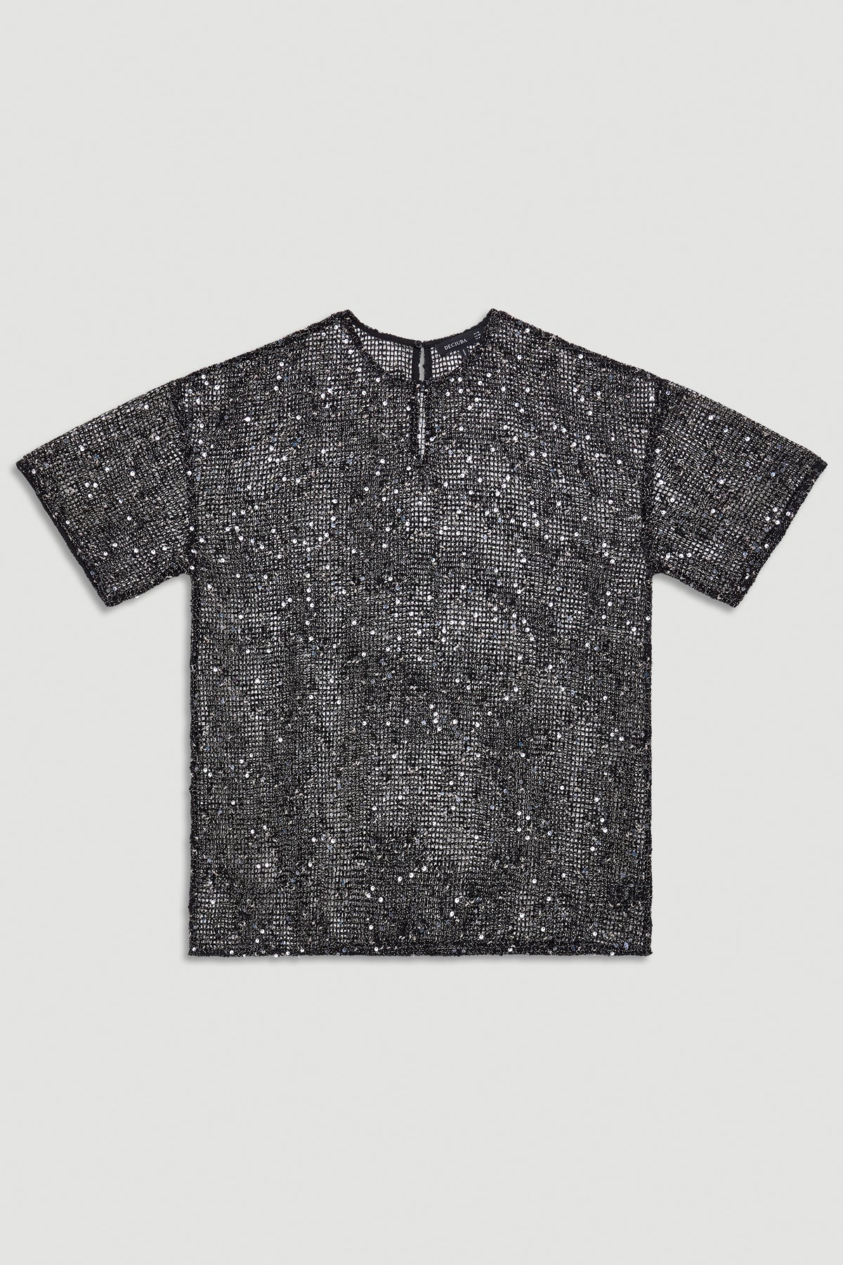 Short-sleeve black sequin top with a relaxed cut and subtle keyhole detail at the neckline.