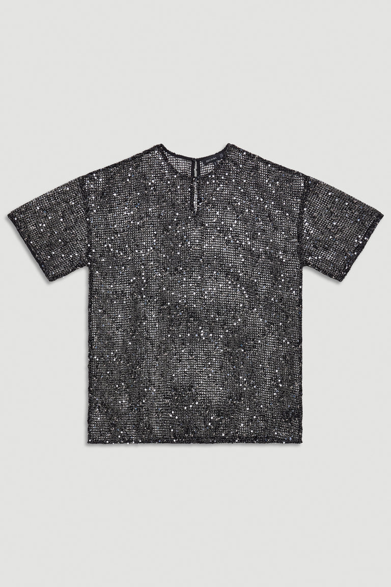 Short-sleeve black sequin top with a relaxed cut and subtle keyhole detail at the neckline.