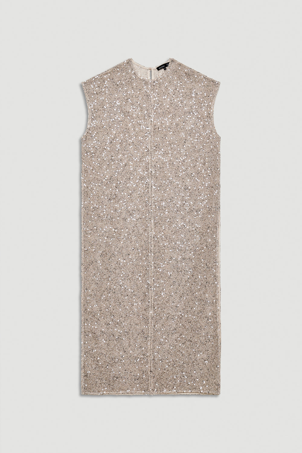 Sleeveless knee-length dress adorned with subtle shimmering sequins in a soft neutral tone.