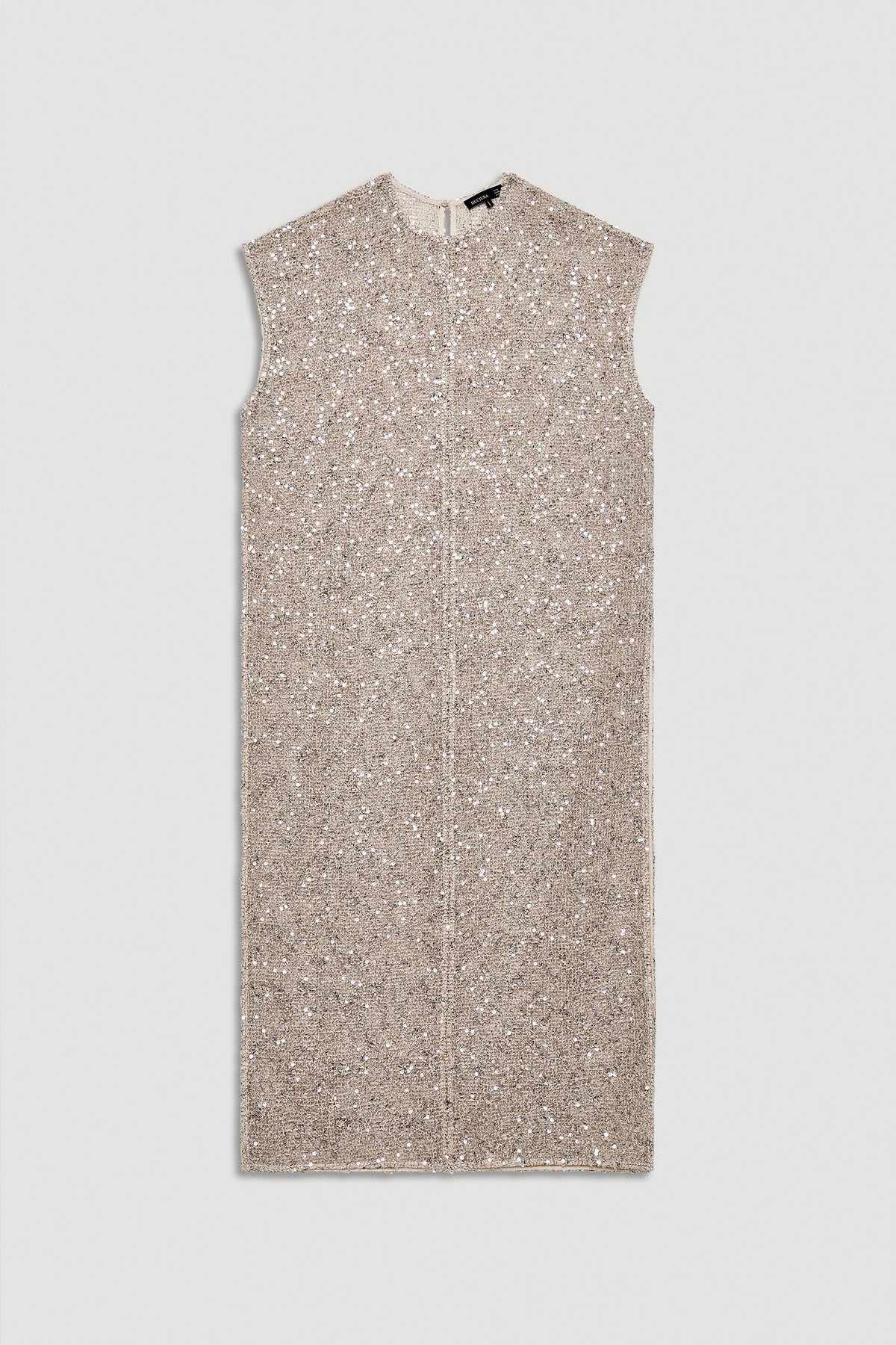 Sleeveless knee-length dress adorned with subtle shimmering sequins in a soft neutral tone.