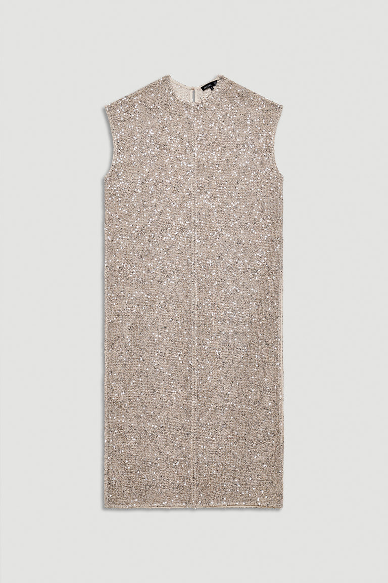 Sleeveless knee-length dress adorned with subtle shimmering sequins in a soft neutral tone.